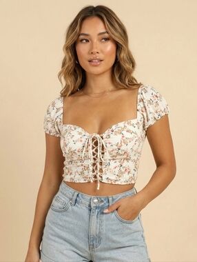 2 BELLA Floral Puff Sleeve Lace-Up Crop Top - Milkmaid Cottagecore - Large